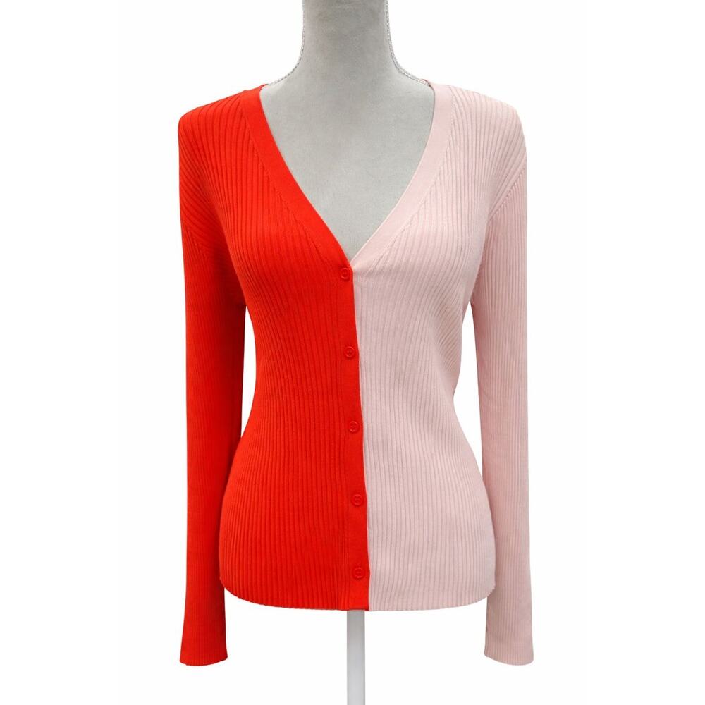 Staud Ribbed Colorblock Cardigan Sweater Red & Blush Pink V-Neck Button Front XL